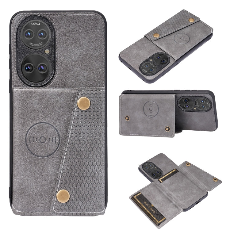 For Huawei P50 Double Buckle PU + TPU Shockproof Magnetic Protective Case with Card Slot & Holder