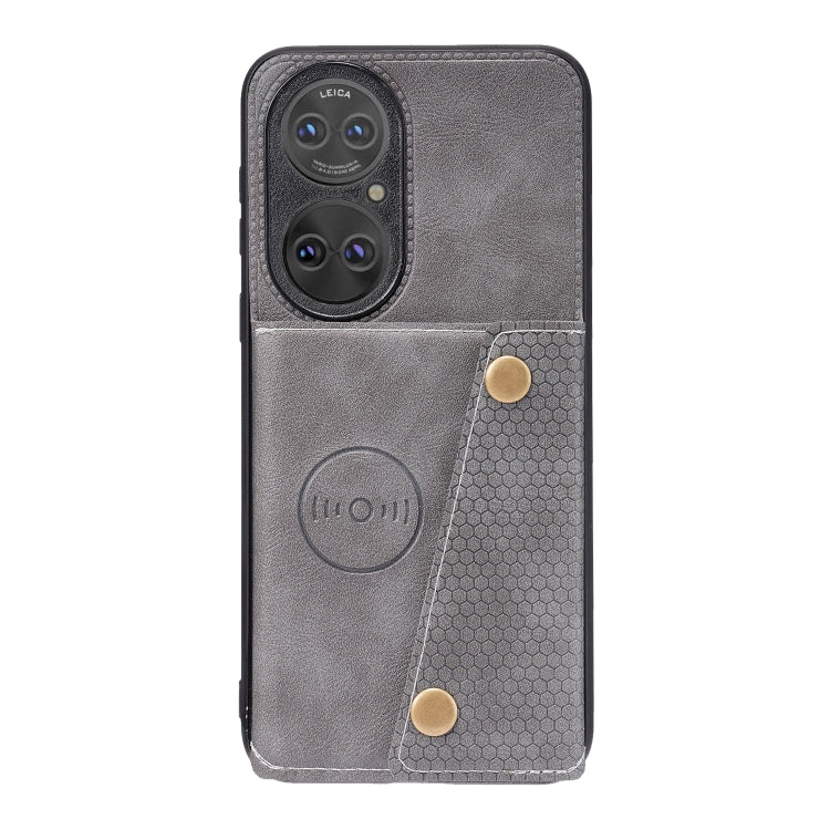 For Huawei P50 Double Buckle PU + TPU Shockproof Magnetic Protective Case with Card Slot & Holder