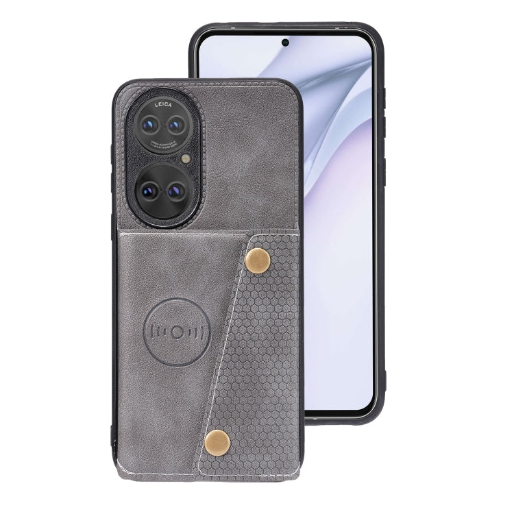 For Huawei P50 Double Buckle PU + TPU Shockproof Magnetic Protective Case with Card Slot & Holder