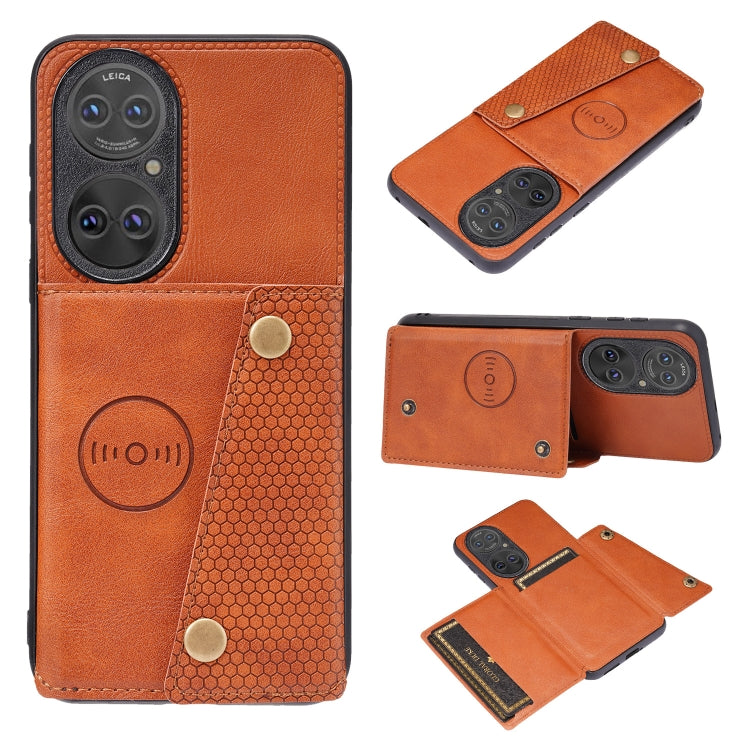 For Huawei P50 Double Buckle PU + TPU Shockproof Magnetic Protective Case with Card Slot & Holder