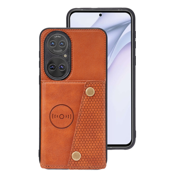 For Huawei P50 Double Buckle PU + TPU Shockproof Magnetic Protective Case with Card Slot & Holder