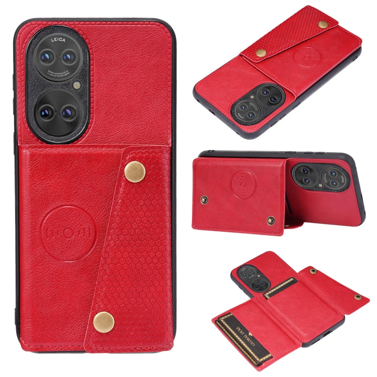 For Huawei P50 Double Buckle PU + TPU Shockproof Magnetic Protective Case with Card Slot & Holder