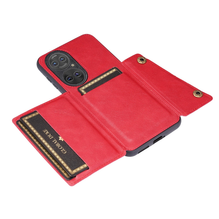 For Huawei P50 Double Buckle PU + TPU Shockproof Magnetic Protective Case with Card Slot & Holder