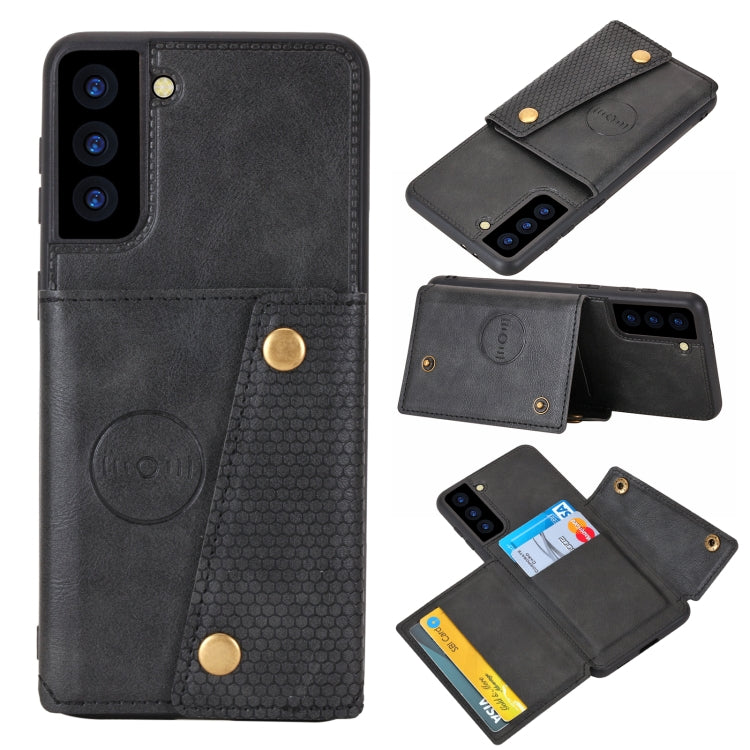 For Samsung Galaxy S21 FE Double Buckle PU + TPU Shockproof Magnetic Protective Case with Card Slot & Holder