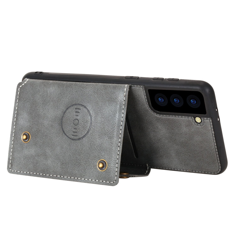 For Samsung Galaxy S21 FE Double Buckle PU + TPU Shockproof Magnetic Protective Case with Card Slot & Holder