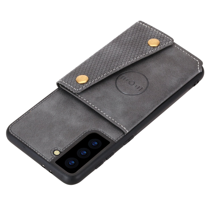 For Samsung Galaxy S21 FE Double Buckle PU + TPU Shockproof Magnetic Protective Case with Card Slot & Holder