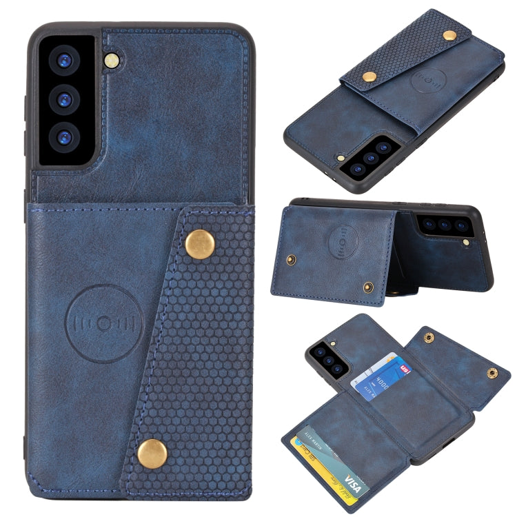 For Samsung Galaxy S21 FE Double Buckle PU + TPU Shockproof Magnetic Protective Case with Card Slot & Holder