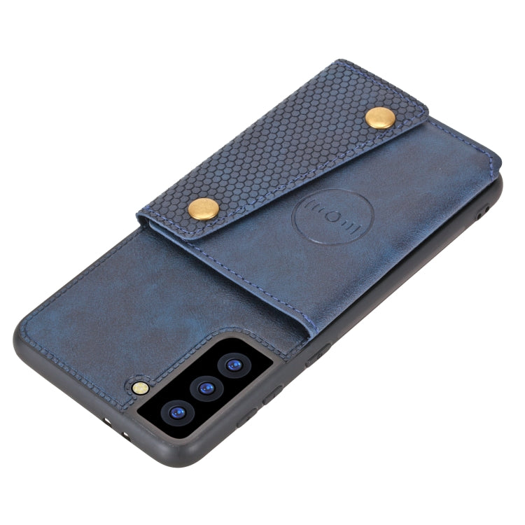 For Samsung Galaxy S21 FE Double Buckle PU + TPU Shockproof Magnetic Protective Case with Card Slot & Holder