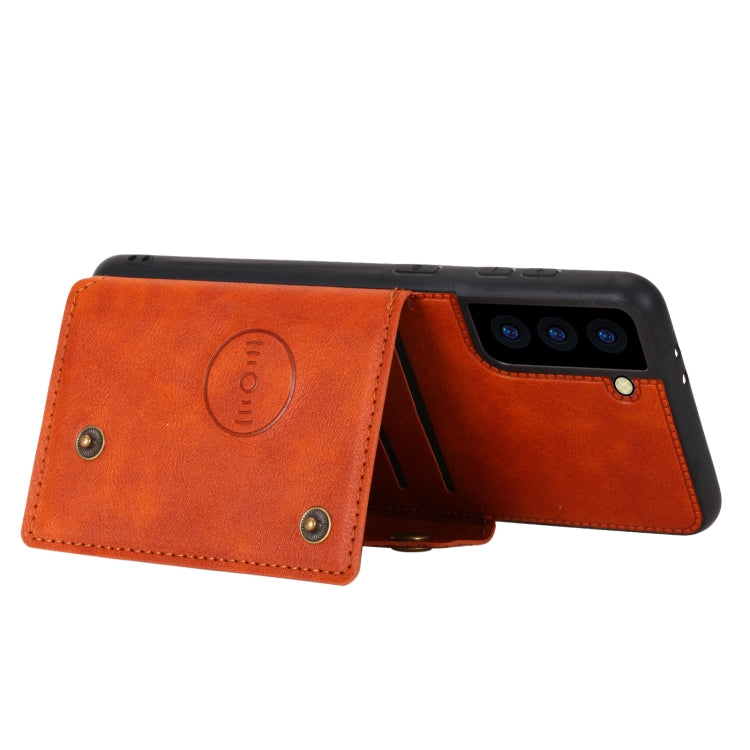 For Samsung Galaxy S21 FE Double Buckle PU + TPU Shockproof Magnetic Protective Case with Card Slot & Holder