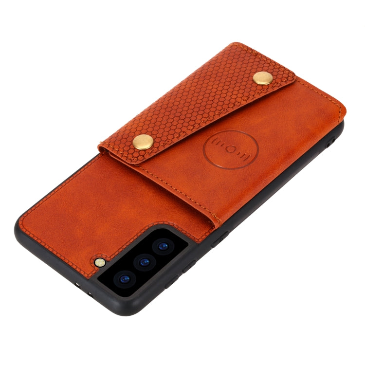 For Samsung Galaxy S21 FE Double Buckle PU + TPU Shockproof Magnetic Protective Case with Card Slot & Holder