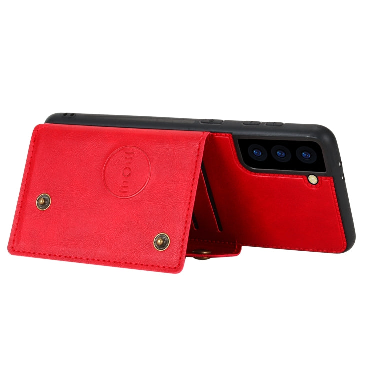 For Samsung Galaxy S21 FE Double Buckle PU + TPU Shockproof Magnetic Protective Case with Card Slot & Holder