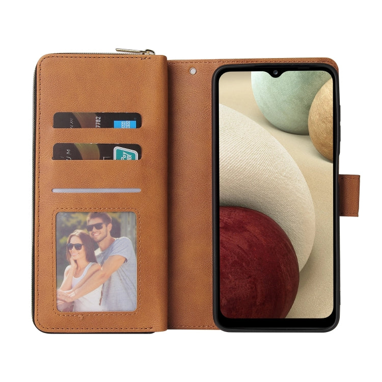 For Samsung Galaxy A12 5G Zipper Wallet Bag Horizontal Flip PU Leather Case with Holder & 9 Card Slots & Wallet & Lanyard & Photo Frame