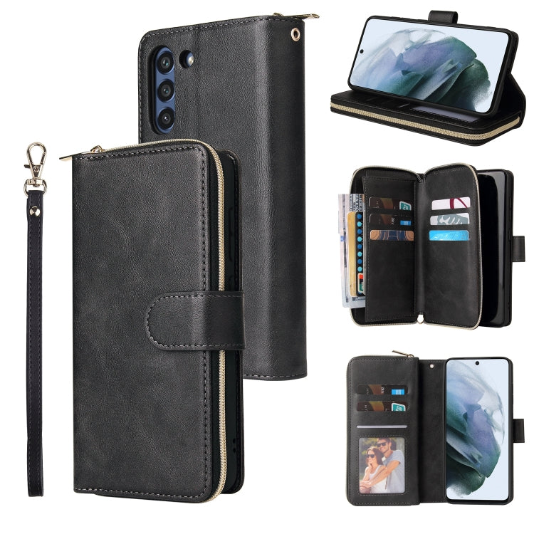 For Samsung Galaxy S21 FE Zipper Wallet Bag Horizontal Flip PU Leather Case with Holder & 9 Card Slots & Wallet & Lanyard & Photo Frame