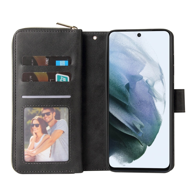 For Samsung Galaxy S21 FE Zipper Wallet Bag Horizontal Flip PU Leather Case with Holder & 9 Card Slots & Wallet & Lanyard & Photo Frame