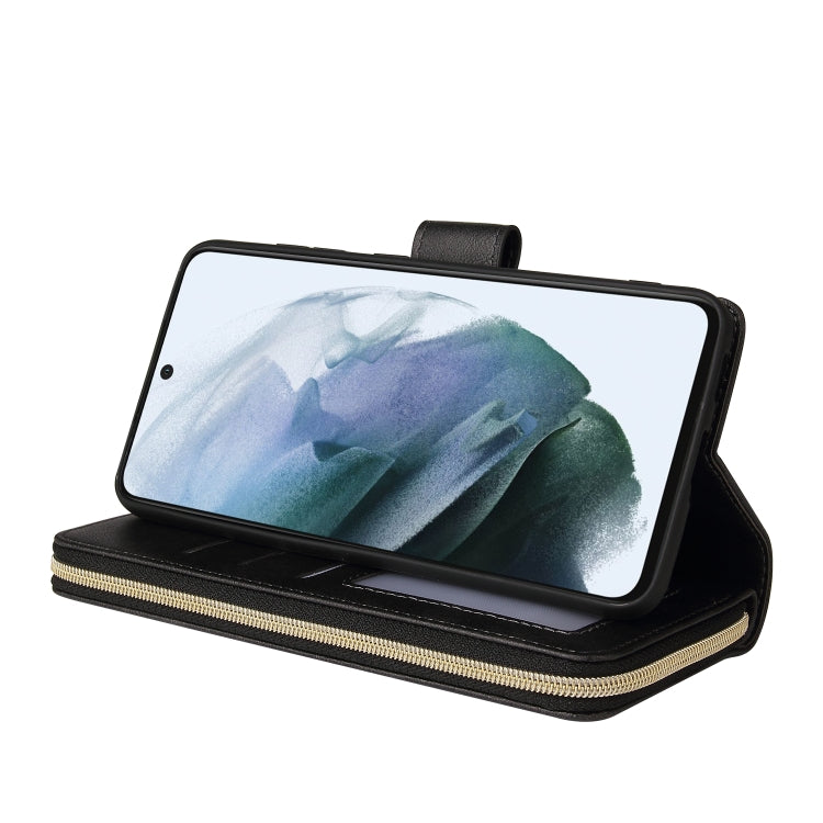 For Samsung Galaxy S21 FE Zipper Wallet Bag Horizontal Flip PU Leather Case with Holder & 9 Card Slots & Wallet & Lanyard & Photo Frame
