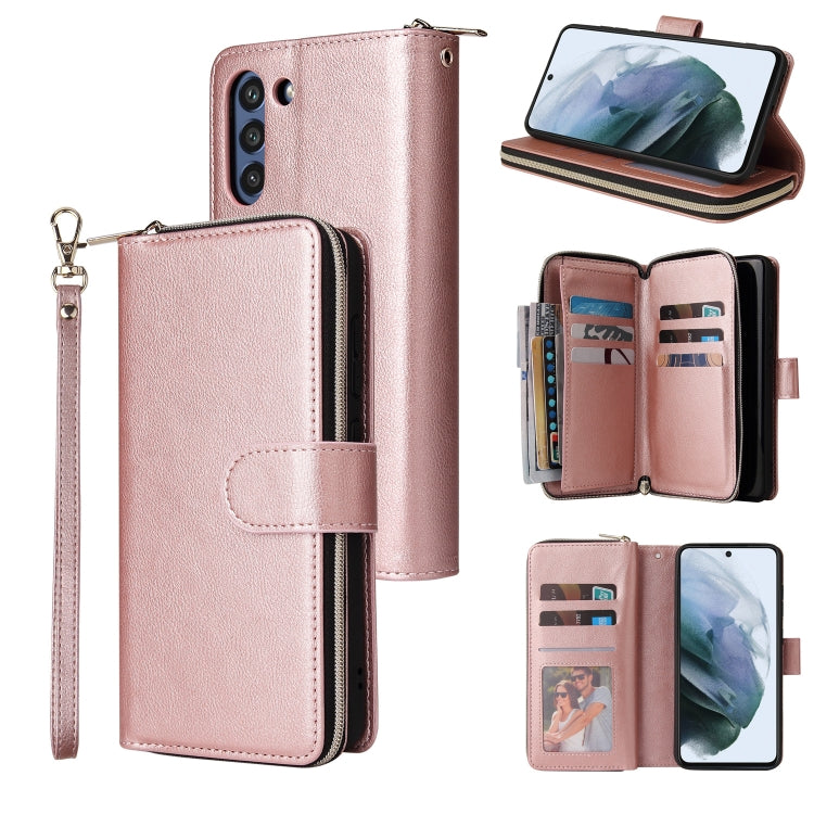 For Samsung Galaxy S21 FE Zipper Wallet Bag Horizontal Flip PU Leather Case with Holder & 9 Card Slots & Wallet & Lanyard & Photo Frame