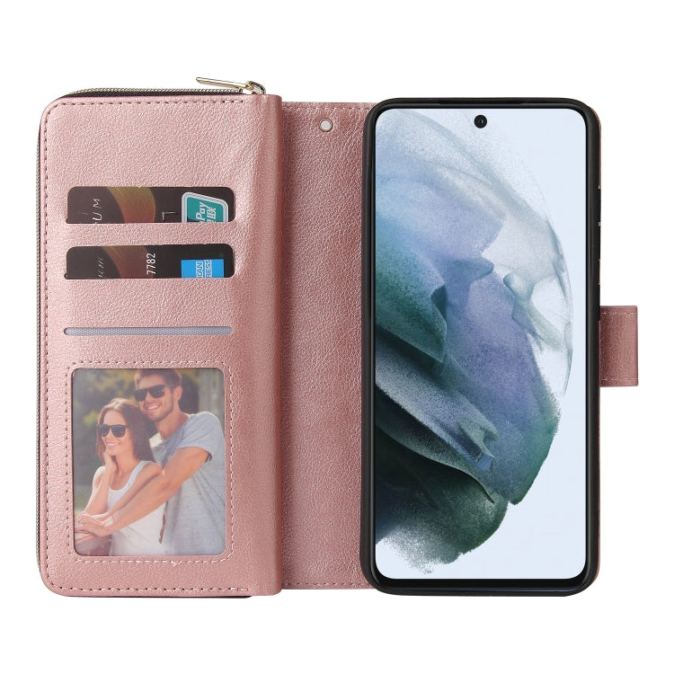 For Samsung Galaxy S21 FE Zipper Wallet Bag Horizontal Flip PU Leather Case with Holder & 9 Card Slots & Wallet & Lanyard & Photo Frame