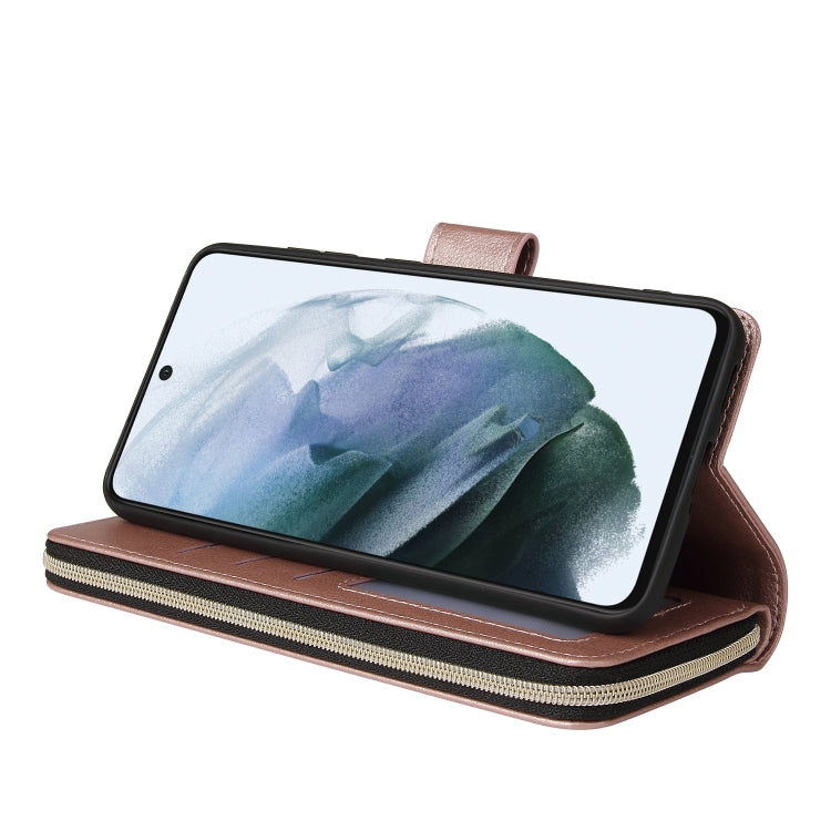 For Samsung Galaxy S21 FE Zipper Wallet Bag Horizontal Flip PU Leather Case with Holder & 9 Card Slots & Wallet & Lanyard & Photo Frame