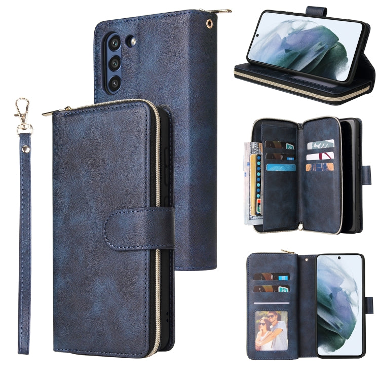 For Samsung Galaxy S21 FE Zipper Wallet Bag Horizontal Flip PU Leather Case with Holder & 9 Card Slots & Wallet & Lanyard & Photo Frame