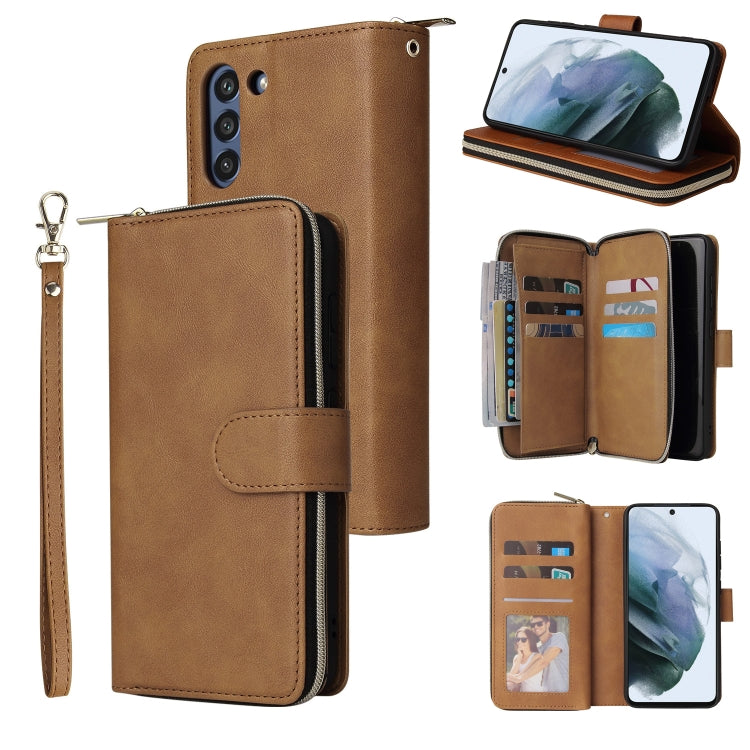 For Samsung Galaxy S21 FE Zipper Wallet Bag Horizontal Flip PU Leather Case with Holder & 9 Card Slots & Wallet & Lanyard & Photo Frame