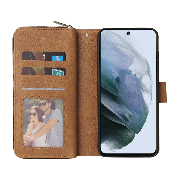 For Samsung Galaxy S21 FE Zipper Wallet Bag Horizontal Flip PU Leather Case with Holder & 9 Card Slots & Wallet & Lanyard & Photo Frame
