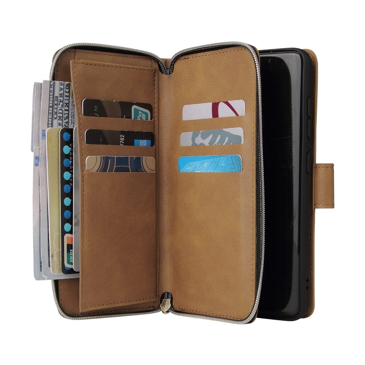 For Samsung Galaxy S21 FE Zipper Wallet Bag Horizontal Flip PU Leather Case with Holder & 9 Card Slots & Wallet & Lanyard & Photo Frame
