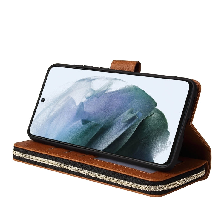 For Samsung Galaxy S21 FE Zipper Wallet Bag Horizontal Flip PU Leather Case with Holder & 9 Card Slots & Wallet & Lanyard & Photo Frame