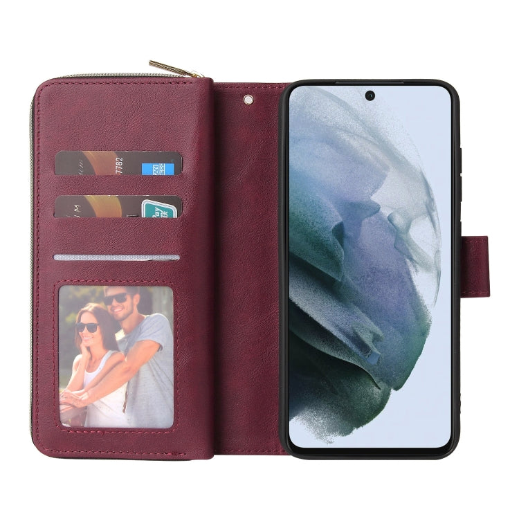 For Samsung Galaxy S21 FE Zipper Wallet Bag Horizontal Flip PU Leather Case with Holder & 9 Card Slots & Wallet & Lanyard & Photo Frame