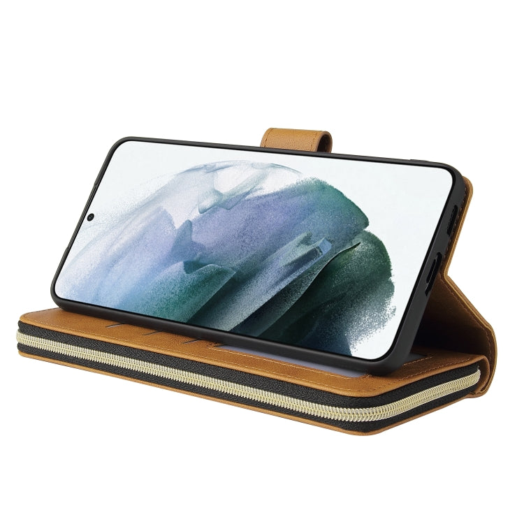 For Samsung Galaxy S21+ Zipper Wallet Bag Horizontal Flip PU Leather Case with Holder & 9 Card Slots & Wallet & Lanyard & Photo Frame