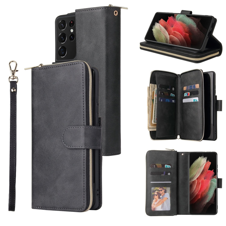For Samsung Galaxy S21 Ultra Zipper Wallet Bag Horizontal Flip PU Leather Case with Holder & 9 Card Slots & Wallet & Lanyard & Photo Frame