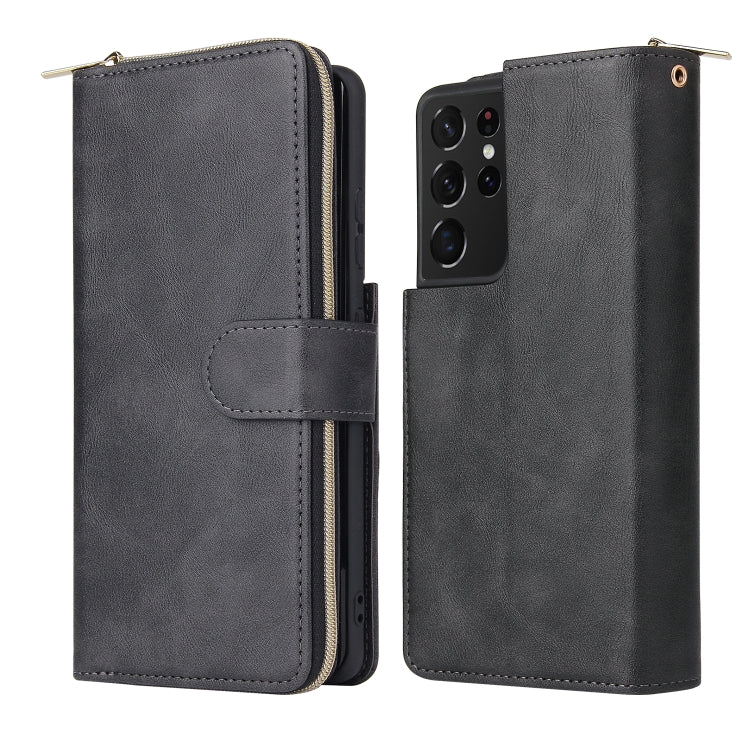 For Samsung Galaxy S21 Ultra Zipper Wallet Bag Horizontal Flip PU Leather Case with Holder & 9 Card Slots & Wallet & Lanyard & Photo Frame