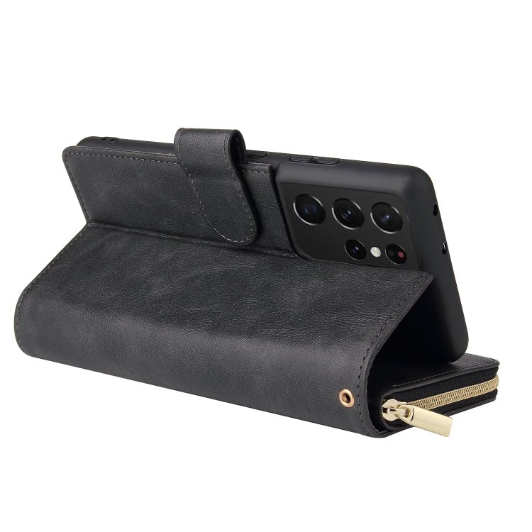 For Samsung Galaxy S21 Ultra Zipper Wallet Bag Horizontal Flip PU Leather Case with Holder & 9 Card Slots & Wallet & Lanyard & Photo Frame