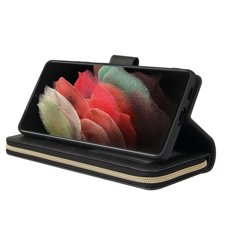 For Samsung Galaxy S21 Ultra Zipper Wallet Bag Horizontal Flip PU Leather Case with Holder & 9 Card Slots & Wallet & Lanyard & Photo Frame