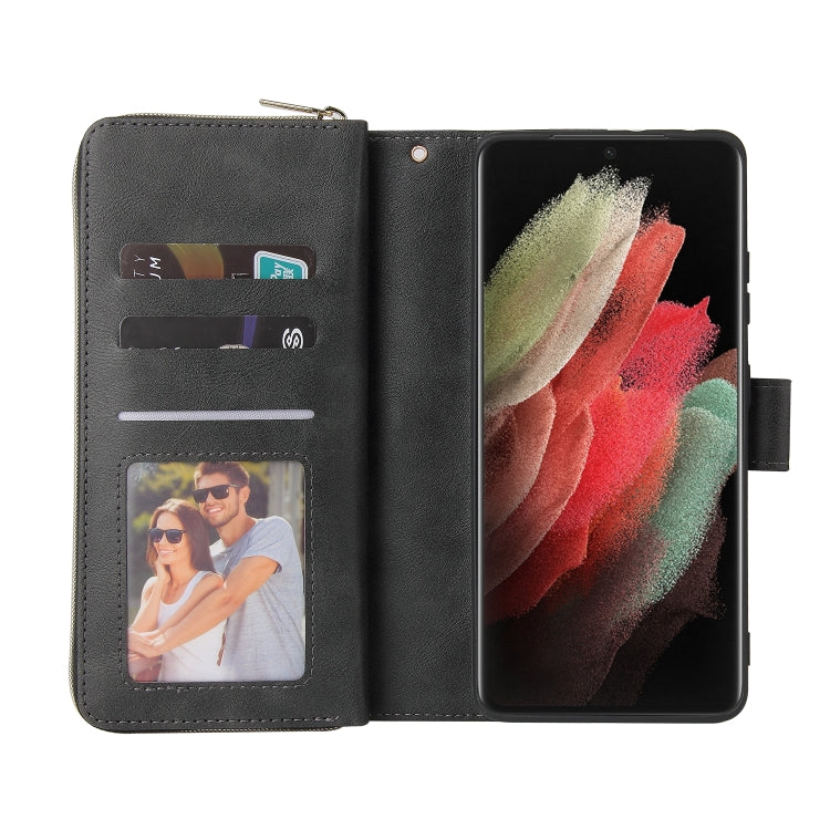 For Samsung Galaxy S21 Ultra Zipper Wallet Bag Horizontal Flip PU Leather Case with Holder & 9 Card Slots & Wallet & Lanyard & Photo Frame