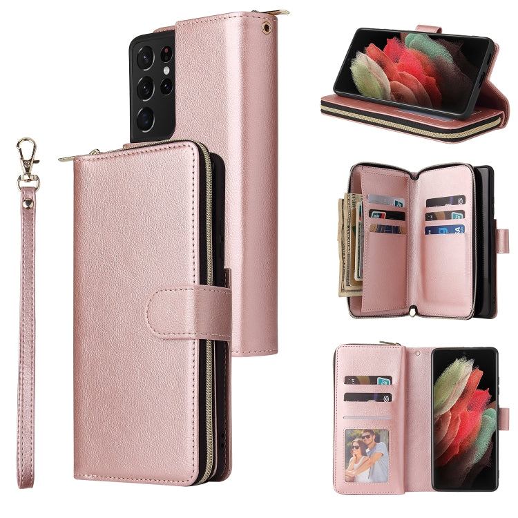 For Samsung Galaxy S21 Ultra Zipper Wallet Bag Horizontal Flip PU Leather Case with Holder & 9 Card Slots & Wallet & Lanyard & Photo Frame