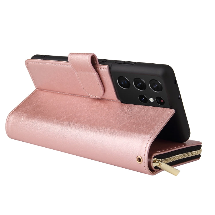 For Samsung Galaxy S21 Ultra Zipper Wallet Bag Horizontal Flip PU Leather Case with Holder & 9 Card Slots & Wallet & Lanyard & Photo Frame