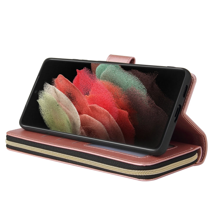 For Samsung Galaxy S21 Ultra Zipper Wallet Bag Horizontal Flip PU Leather Case with Holder & 9 Card Slots & Wallet & Lanyard & Photo Frame
