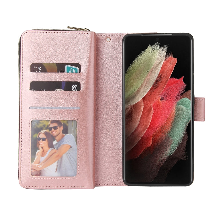 For Samsung Galaxy S21 Ultra Zipper Wallet Bag Horizontal Flip PU Leather Case with Holder & 9 Card Slots & Wallet & Lanyard & Photo Frame