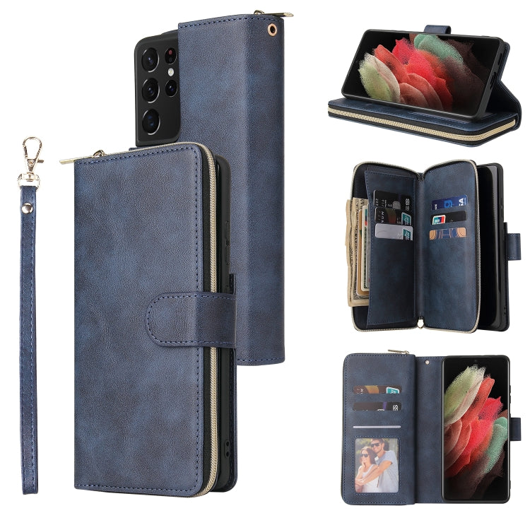For Samsung Galaxy S21 Ultra Zipper Wallet Bag Horizontal Flip PU Leather Case with Holder & 9 Card Slots & Wallet & Lanyard & Photo Frame