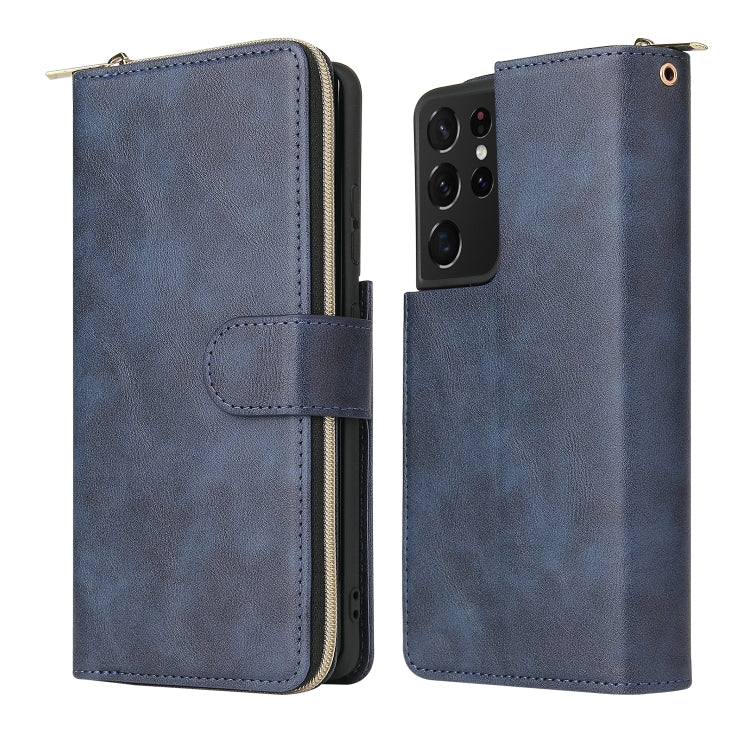 For Samsung Galaxy S21 Ultra Zipper Wallet Bag Horizontal Flip PU Leather Case with Holder & 9 Card Slots & Wallet & Lanyard & Photo Frame
