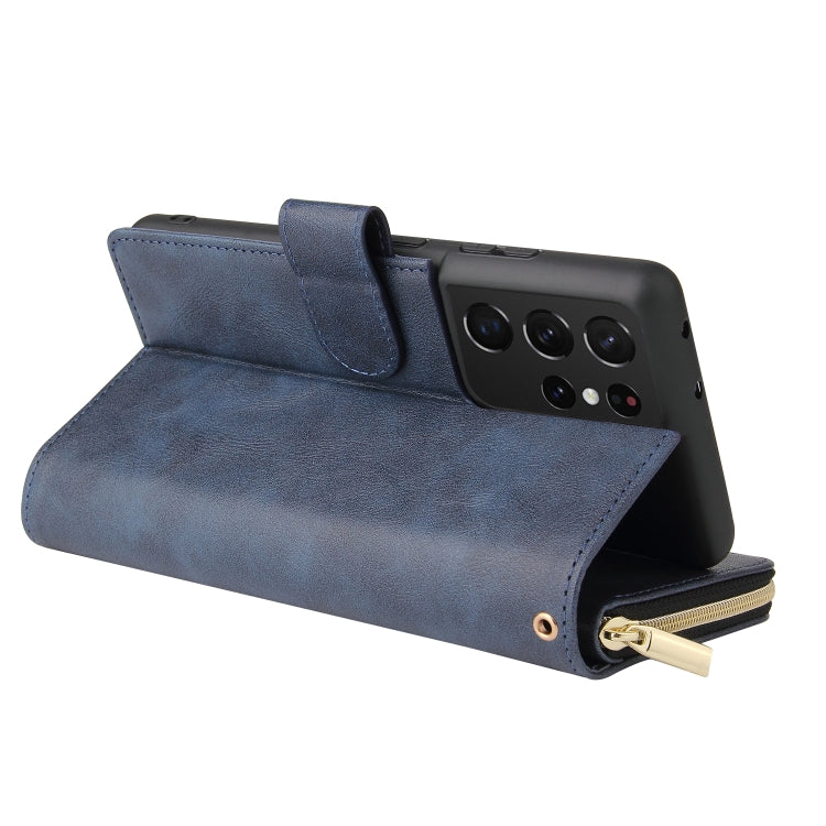 For Samsung Galaxy S21 Ultra Zipper Wallet Bag Horizontal Flip PU Leather Case with Holder & 9 Card Slots & Wallet & Lanyard & Photo Frame