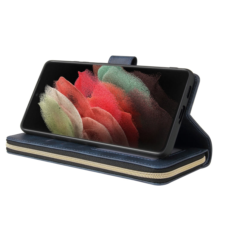 For Samsung Galaxy S21 Ultra Zipper Wallet Bag Horizontal Flip PU Leather Case with Holder & 9 Card Slots & Wallet & Lanyard & Photo Frame