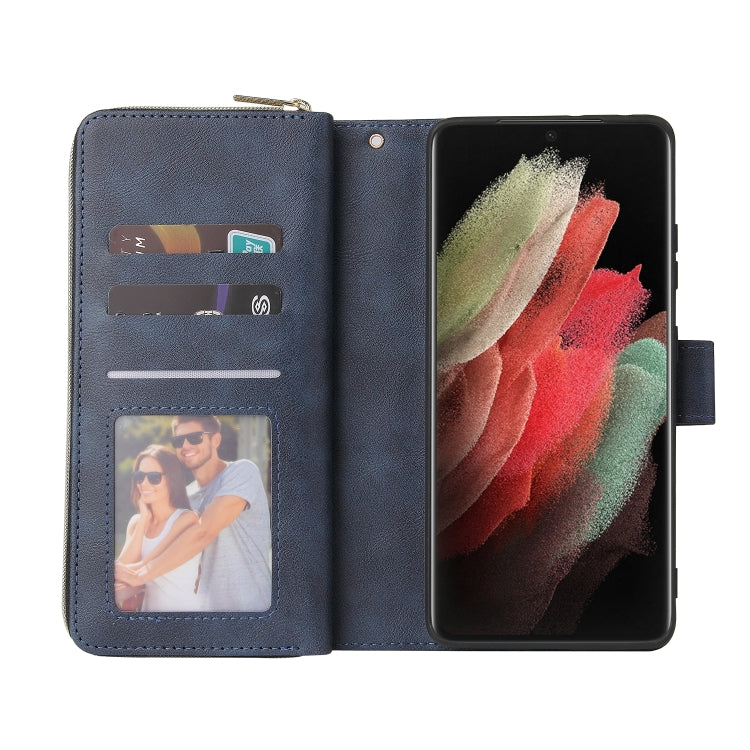 For Samsung Galaxy S21 Ultra Zipper Wallet Bag Horizontal Flip PU Leather Case with Holder & 9 Card Slots & Wallet & Lanyard & Photo Frame
