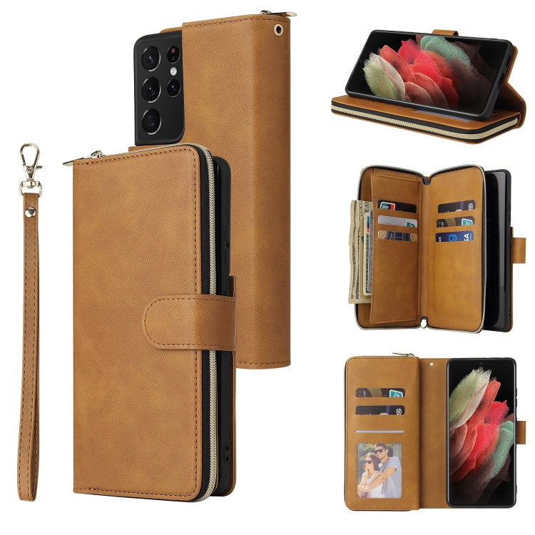 For Samsung Galaxy S21 Ultra Zipper Wallet Bag Horizontal Flip PU Leather Case with Holder & 9 Card Slots & Wallet & Lanyard & Photo Frame