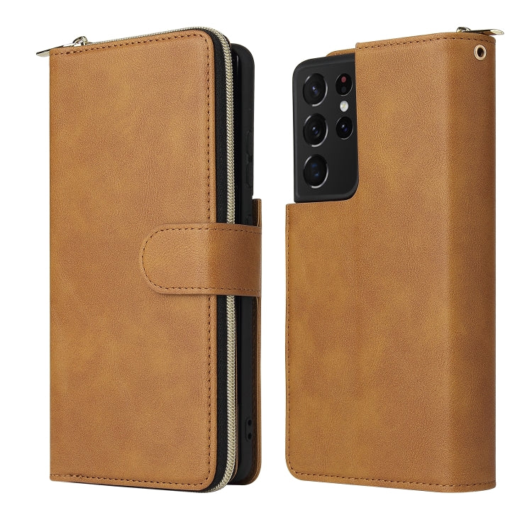 For Samsung Galaxy S21 Ultra Zipper Wallet Bag Horizontal Flip PU Leather Case with Holder & 9 Card Slots & Wallet & Lanyard & Photo Frame