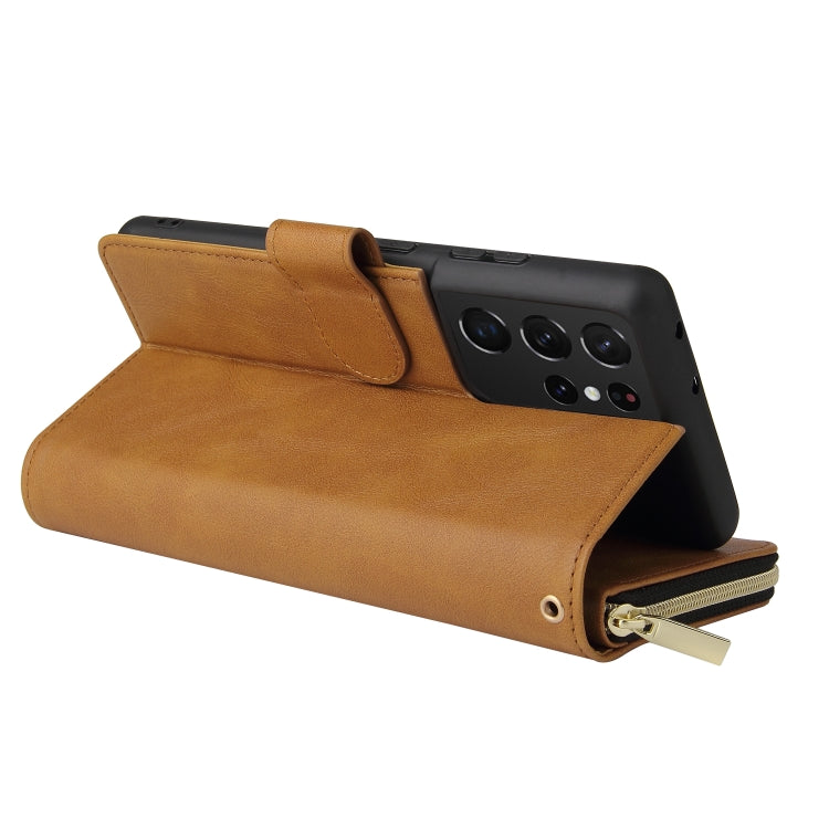 For Samsung Galaxy S21 Ultra Zipper Wallet Bag Horizontal Flip PU Leather Case with Holder & 9 Card Slots & Wallet & Lanyard & Photo Frame