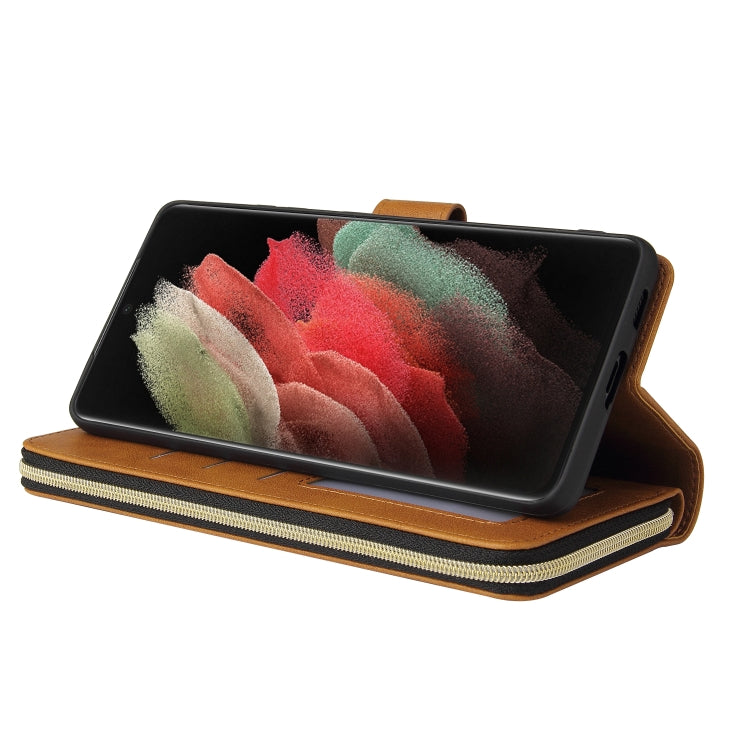 For Samsung Galaxy S21 Ultra Zipper Wallet Bag Horizontal Flip PU Leather Case with Holder & 9 Card Slots & Wallet & Lanyard & Photo Frame