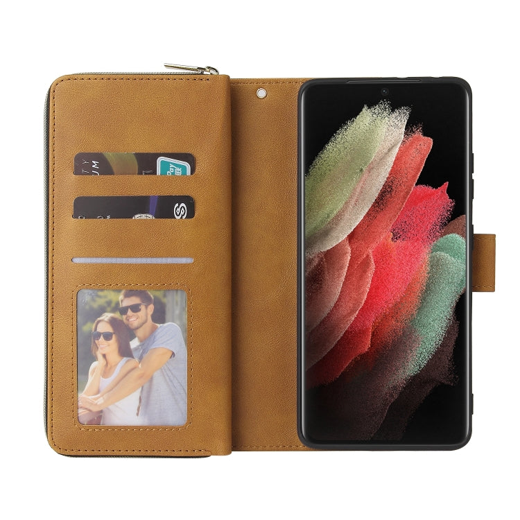 For Samsung Galaxy S21 Ultra Zipper Wallet Bag Horizontal Flip PU Leather Case with Holder & 9 Card Slots & Wallet & Lanyard & Photo Frame