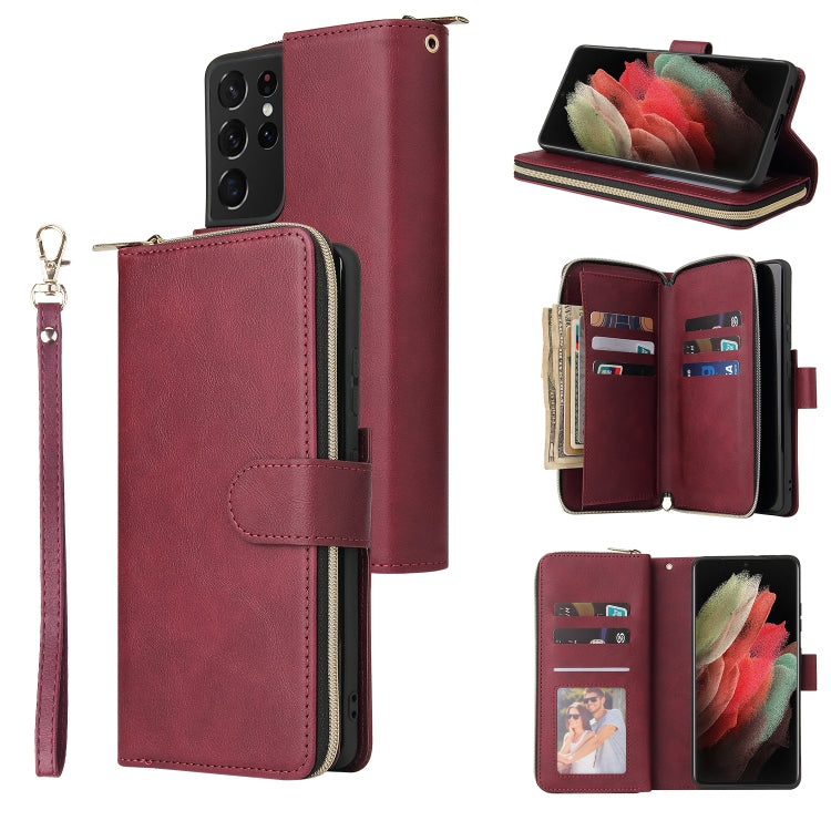 For Samsung Galaxy S21 Ultra Zipper Wallet Bag Horizontal Flip PU Leather Case with Holder & 9 Card Slots & Wallet & Lanyard & Photo Frame