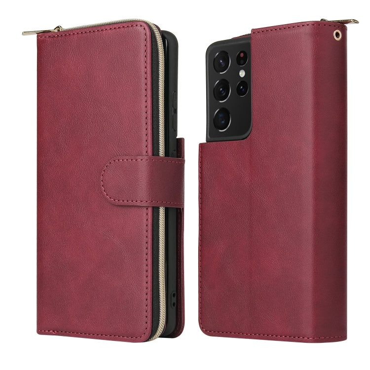 For Samsung Galaxy S21 Ultra Zipper Wallet Bag Horizontal Flip PU Leather Case with Holder & 9 Card Slots & Wallet & Lanyard & Photo Frame